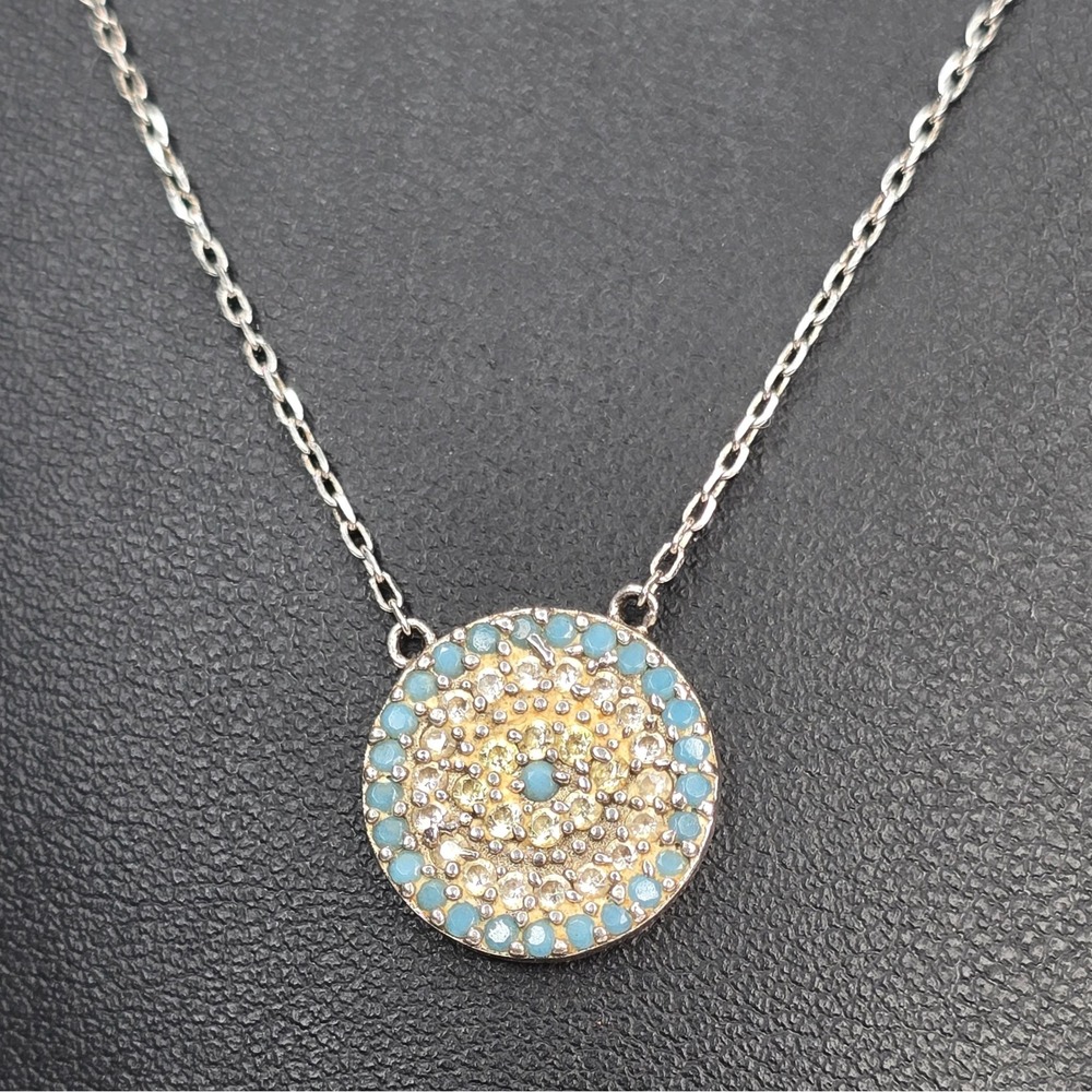 Sterling Silver 925 Evil Eye Pave Circle Medallion Necklace 17in 2.4g